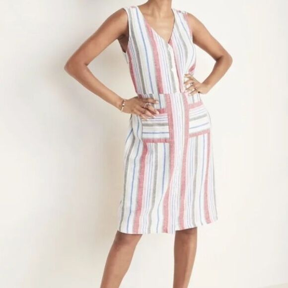 Old Navy Sleeveless Striped Linen Blend Colorful V-Neck Midi Tank Dress. XS. NEW - Picture 1 of 9